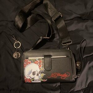 Ed Hardy Black Crossbody Bag with Skull and Floral Design